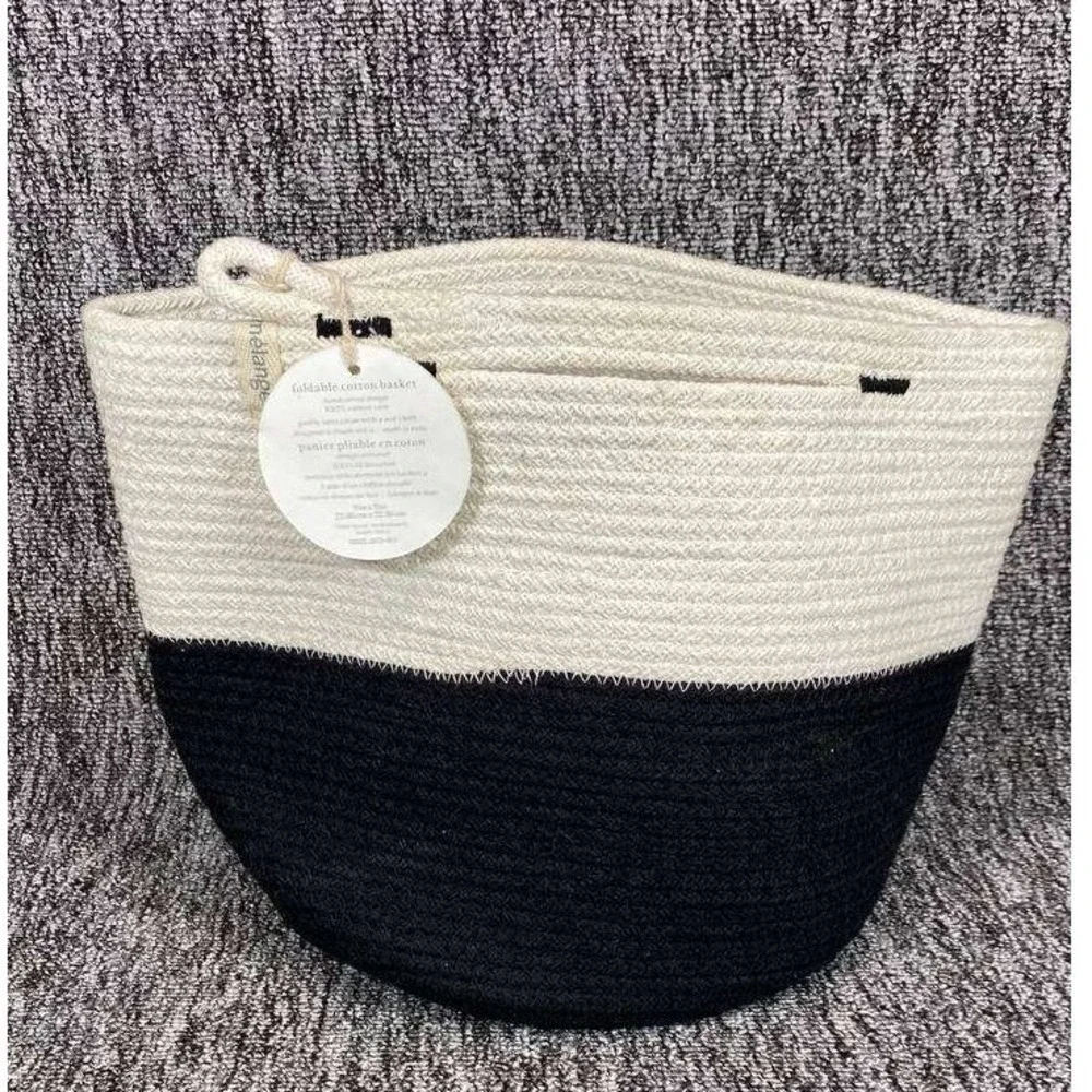 NWT Mia Melange Woven Cotton Rope Basket Colorblock Black Cream Crafted Decor